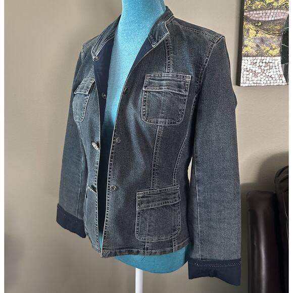 Tahari Jean Jacket S/P Embellished Sparkle Snap Close Medium Wash - Picture 9 of 16